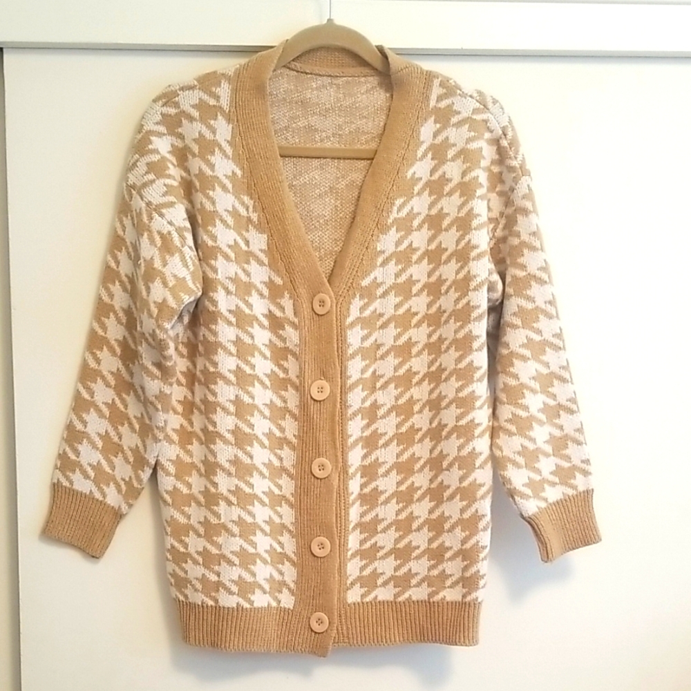 Women's Tan Houndstooth Cardigan Sweater